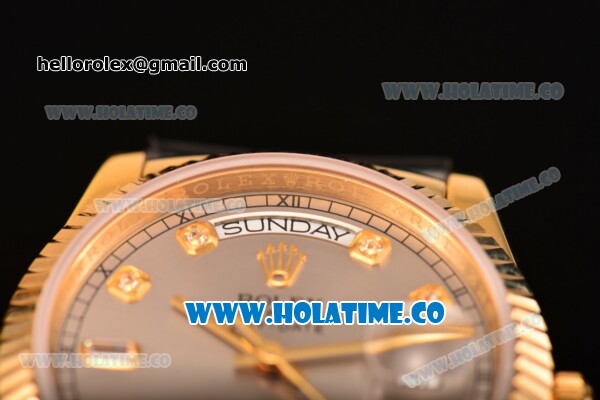 Rolex Day-Date Asia 2813/Swiss ETA 2836/Clone Rolex 3135 Automatic Yellow Gold Case with Diamonds Markers and Grey Dial (BP) - Click Image to Close